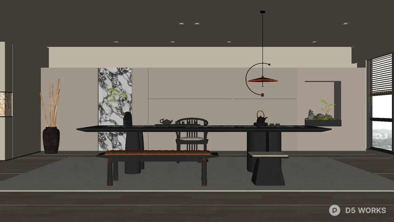 Minimalist Tea Room with Dark Wood Table 3d model - Image 1