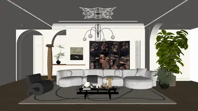 Mid Century Modern Living Room with Curved Sofa 3d model
