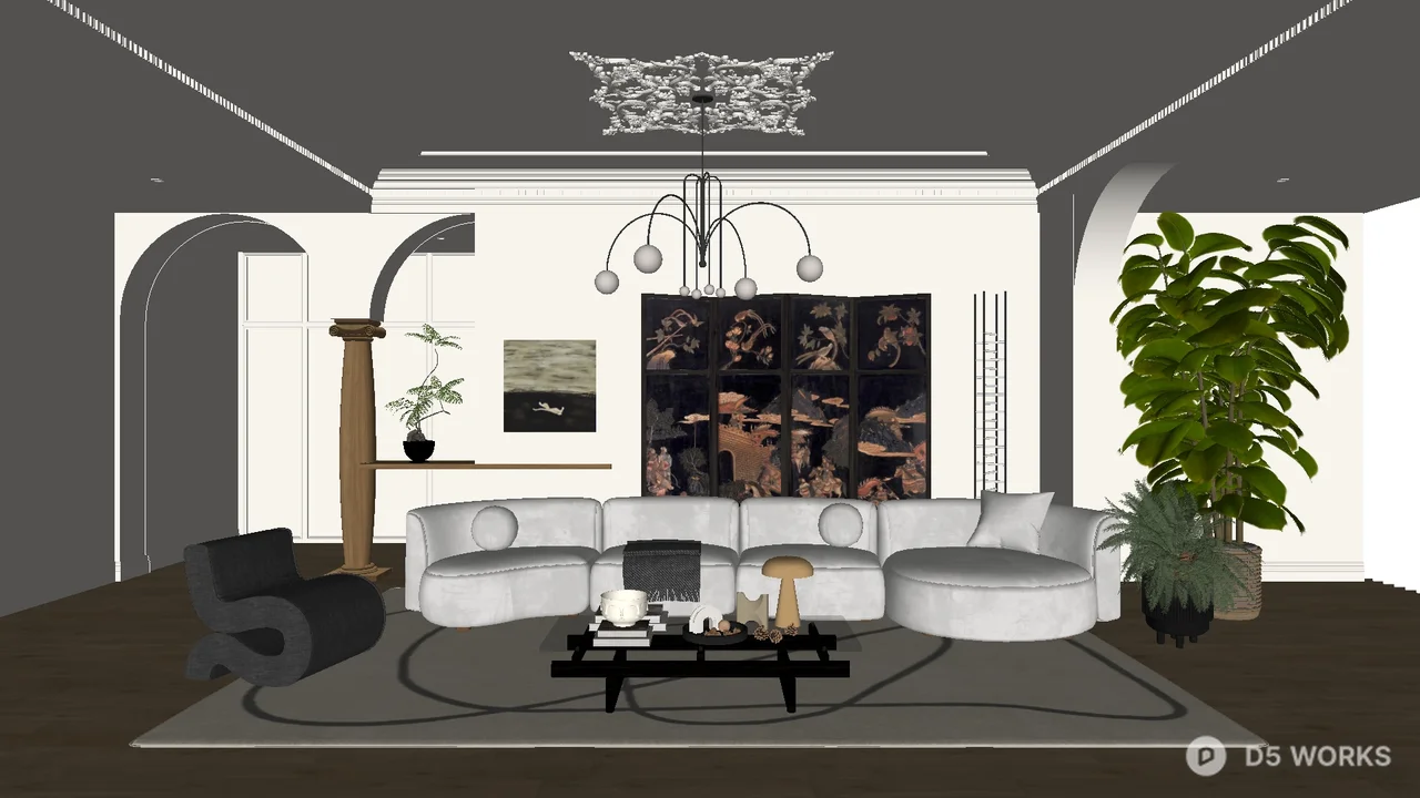 Mid Century Modern Living Room with Curved Sofa 3d model - Image 1