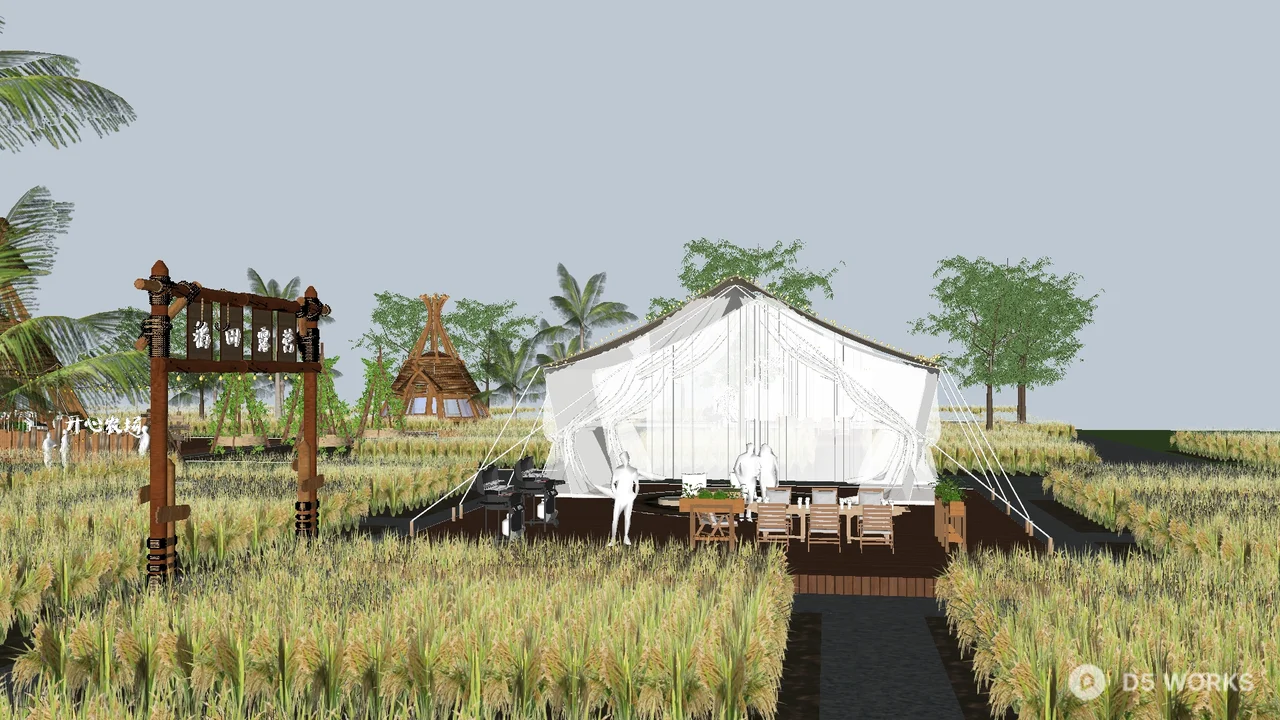 Glamping Tent In Rice Field Landscape 3d model - Image 1