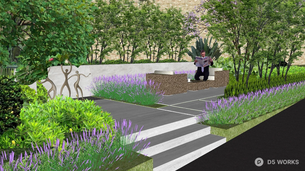 Modern Villa Courtyard With Lavender Borders And Stone Pathway 3d model - Image 1