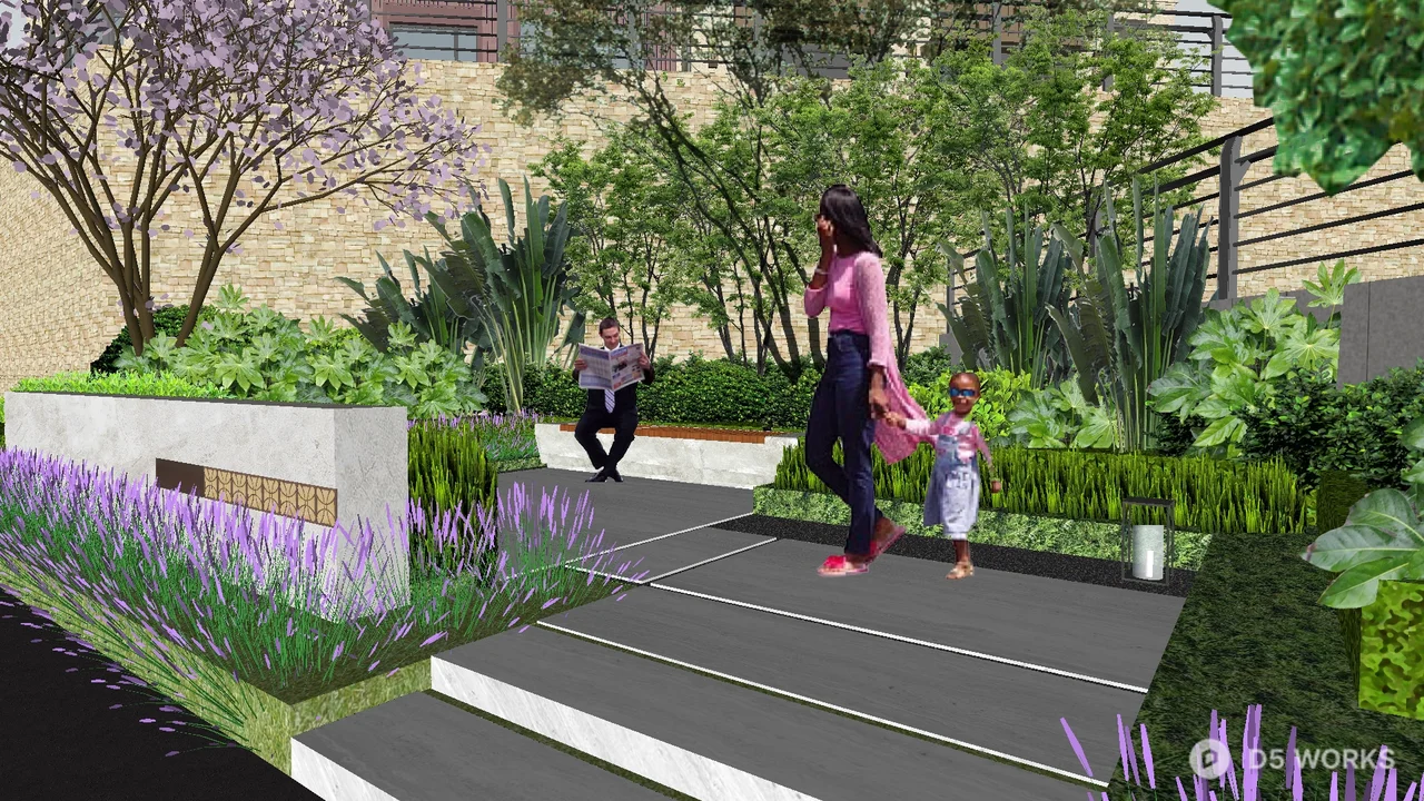 Modern Villa Courtyard With Lavender Borders And Stone Pathway 3d model thumbnail 2