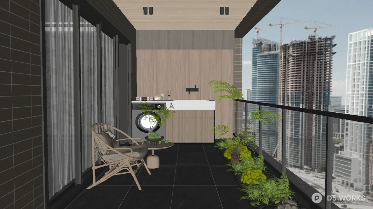 Modern Urban Balcony with Greenery and Laundry 3d model - Image 1