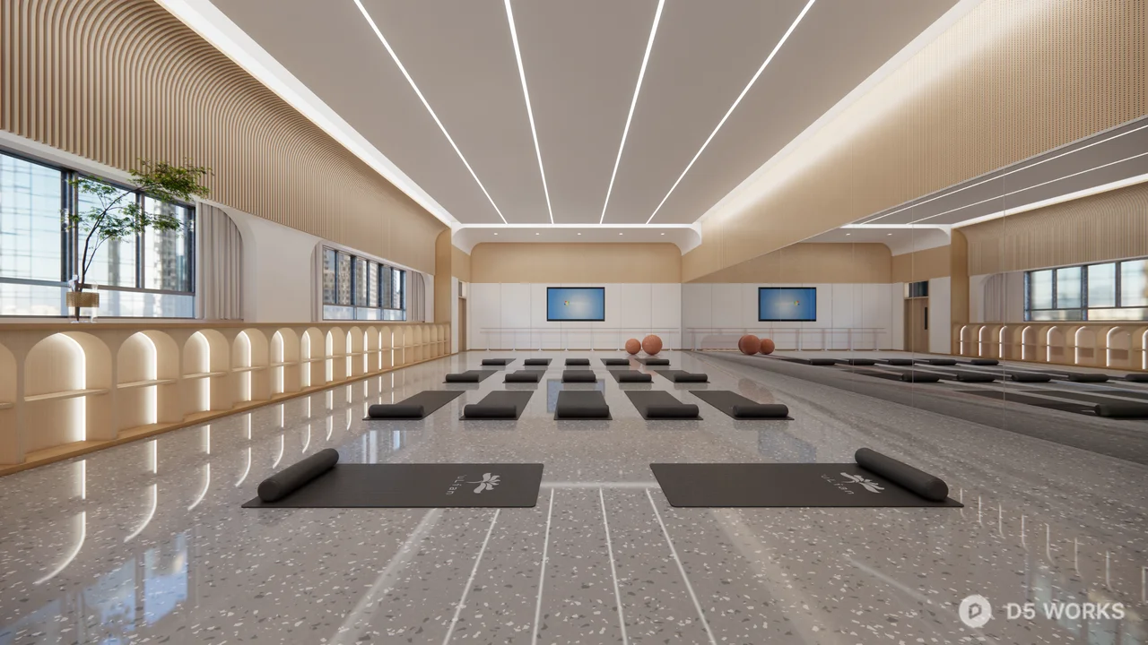 Minimalist Yoga Studio with Mat Rows 3d model - Image 1
