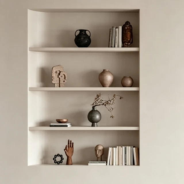 Minimalist Recessed Wall Shelving with Decor 3d model
