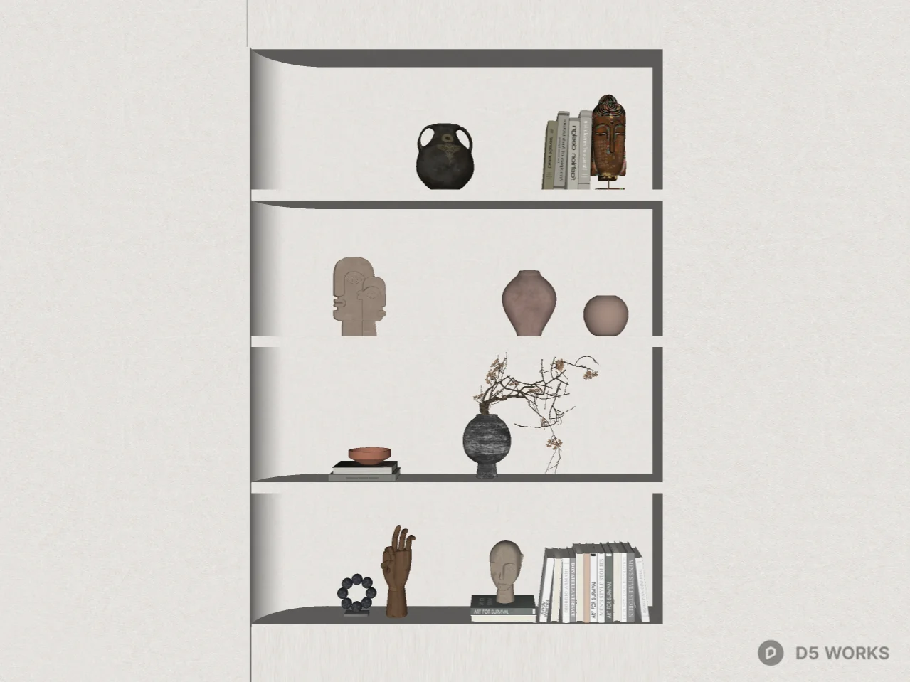 Minimalist Recessed Wall Shelving with Decor 3d model thumbnail 2