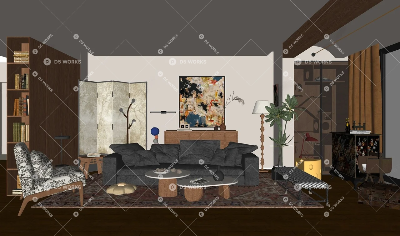 Mid-Century Modern Home Living Room 3d model thumbnail 2