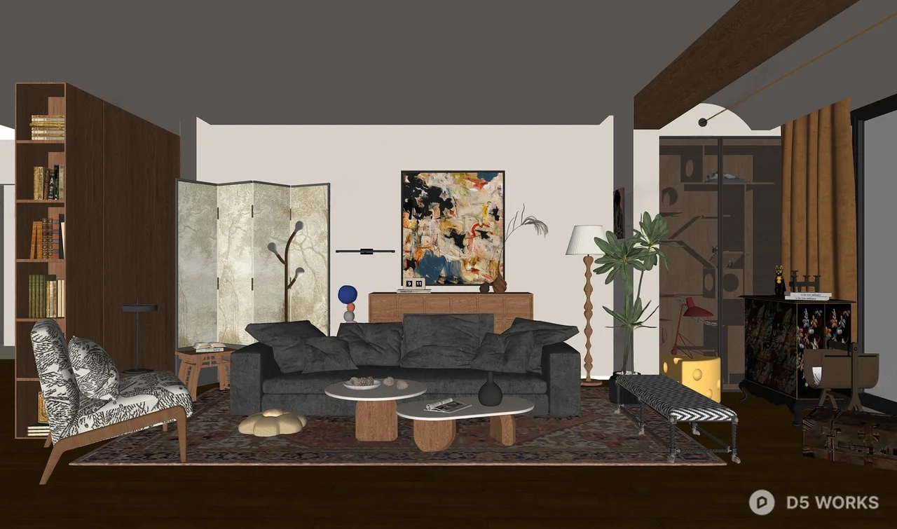 Mid Century Modern Living Room with Artistic Accent Wall 3d model thumbnail 2