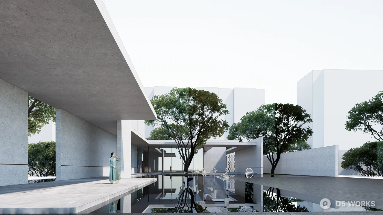 Minimalist Villa Courtyard With Water Feature And Greenery 3d model - Image 1