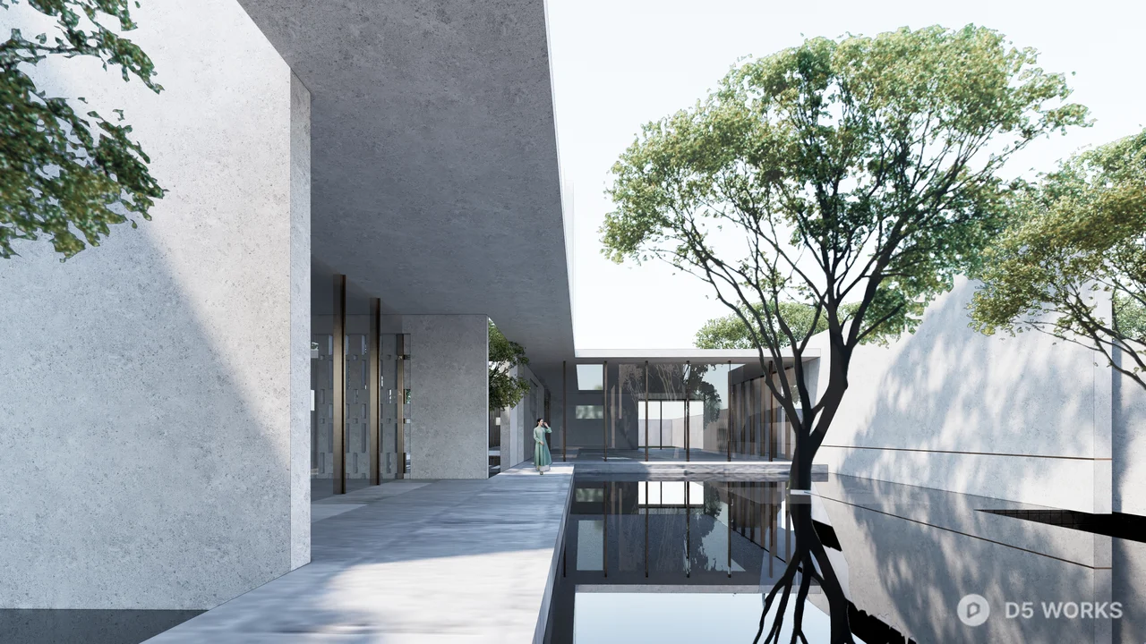 Minimalist Villa Courtyard With Water Feature And Greenery 3d model thumbnail 2