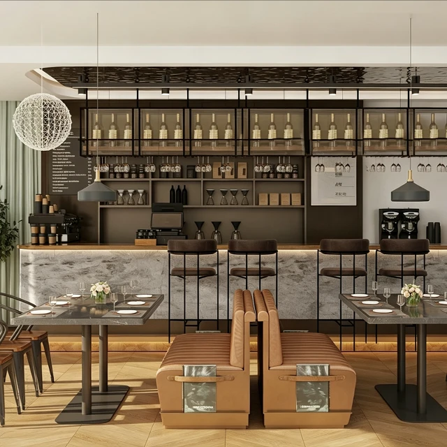 Modern Industrial Bistro and Bar Interior Scene 3d model
