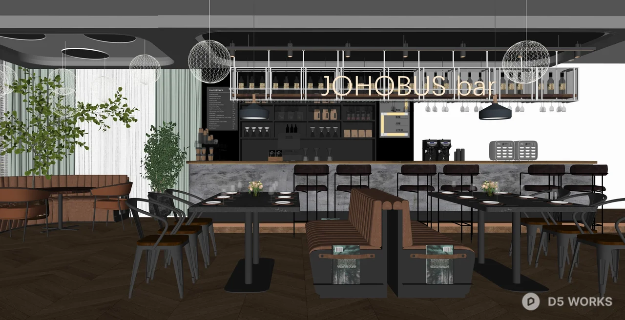 Modern Industrial Bistro and Bar Interior Scene 3d model thumbnail 2