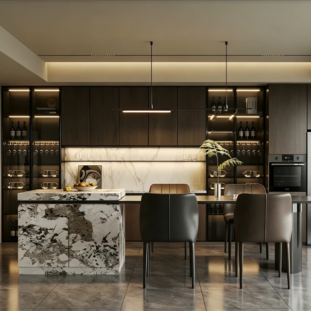 Modern Luxury Kitchen with Marble Island and Wood Cabinetry 3d model