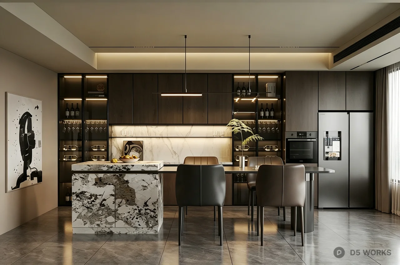 Modern Luxury Kitchen with Marble Island and Wood Cabinetry 3d model - Image 1