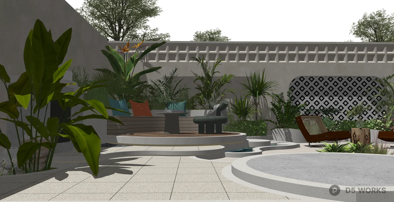 Modern Mediterranean Outdoor Courtyard Garden 3d model thumbnail 2
