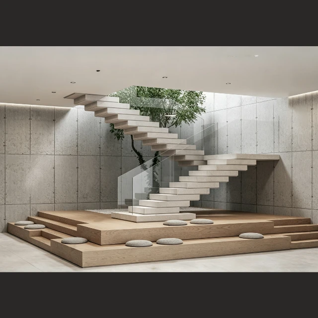 Modern Floating Concrete Staircase with Glass Railing 3d model