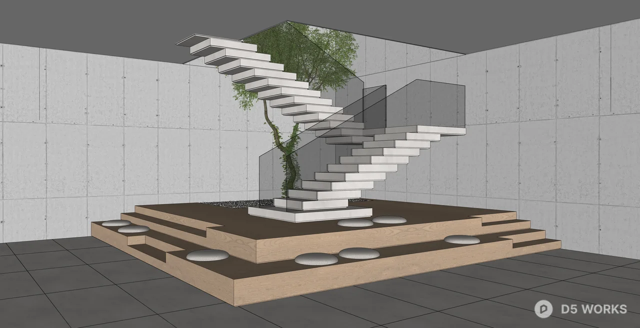 Modern Floating Concrete Staircase with Glass Railing 3d model thumbnail 2