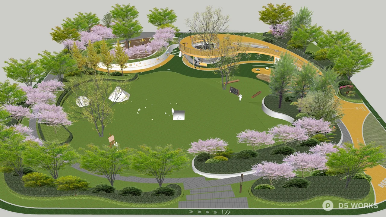 Urban Park With Cherry Blossoms And Winding Paths 3d model - Image 1