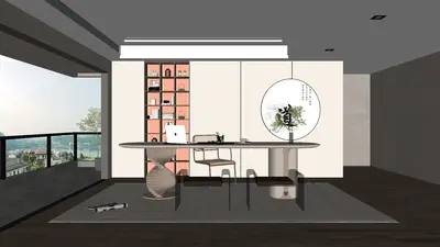 Minimalist Study Room With Circular Window And Bookshelf 3d model