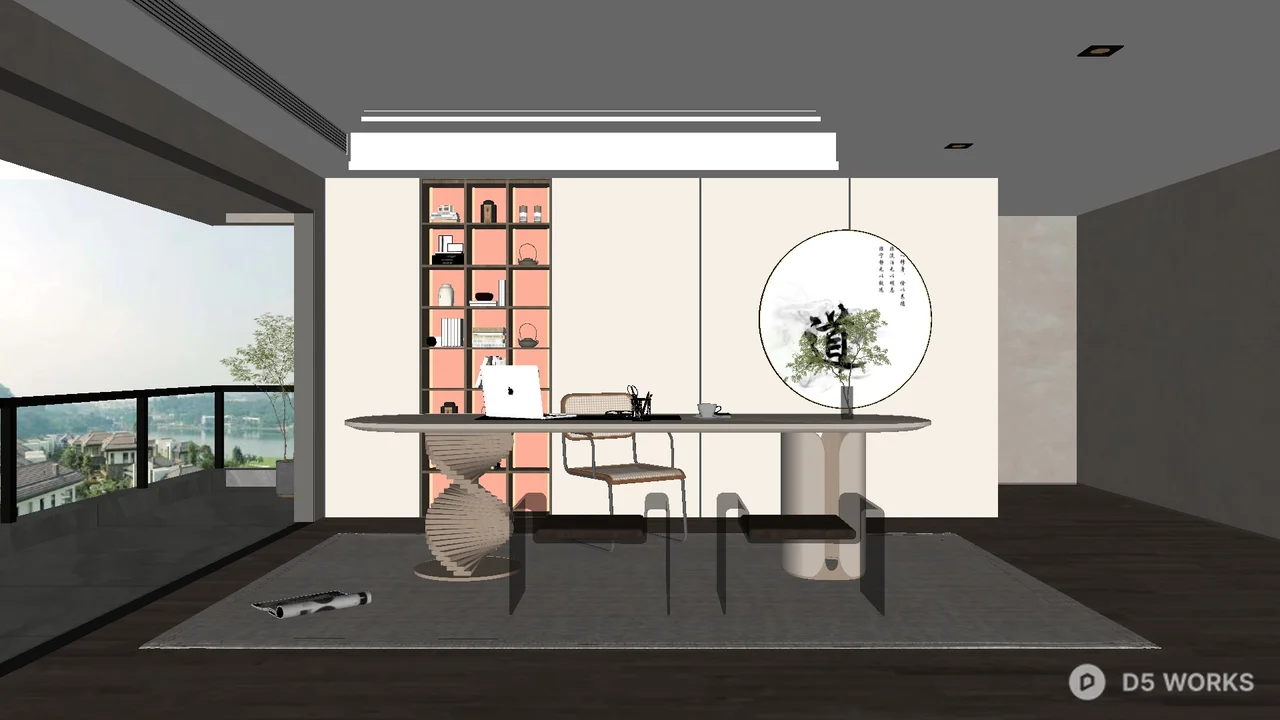 Minimalist Study Room With Circular Window And Bookshelf 3d model - Image 1