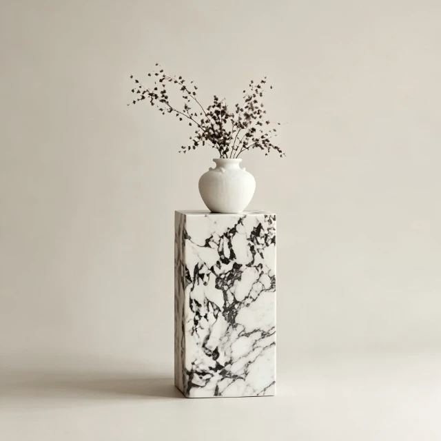 Minimalist Marble Plinth with Ceramic Vase and Foliage 3d model