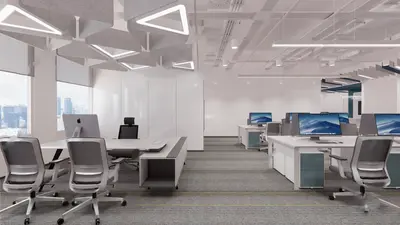 Modern Open Plan Office Space With Geometric Ceiling Lighting 3d model
