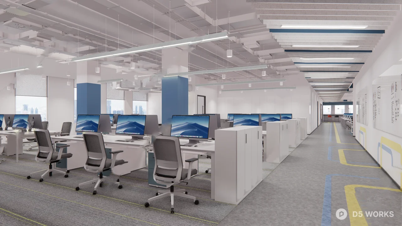 Modern Open Plan Office Space With Geometric Ceiling Lighting 3d model thumbnail 2