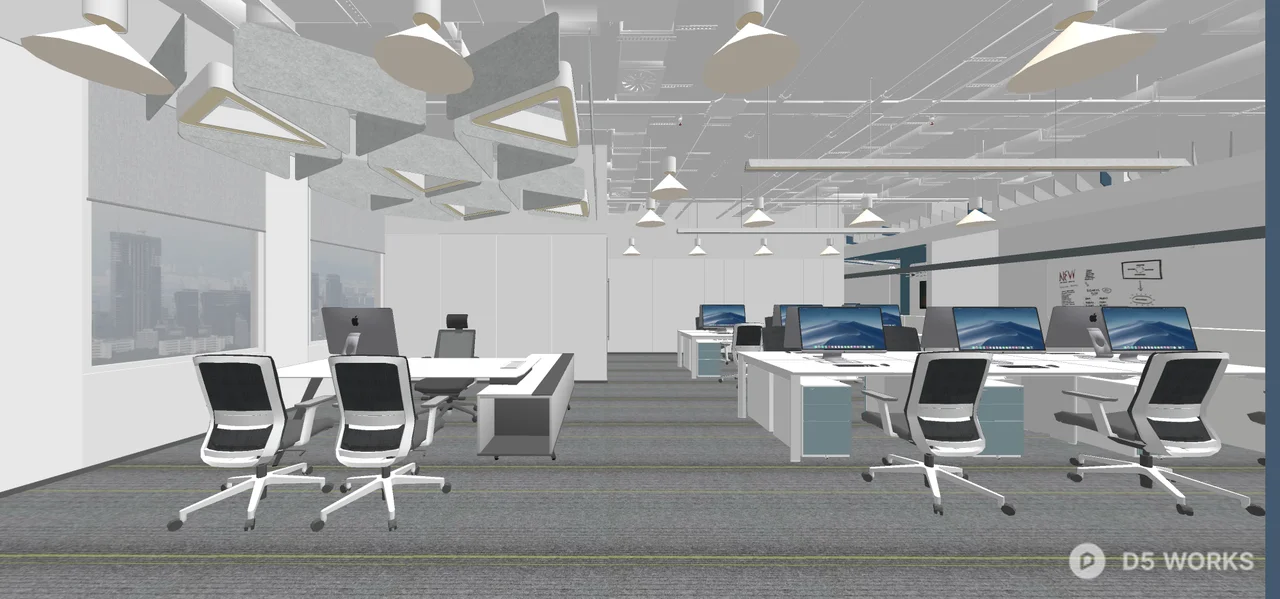 Modern Open Plan Office Space With Geometric Ceiling Lighting 3d model thumbnail 3