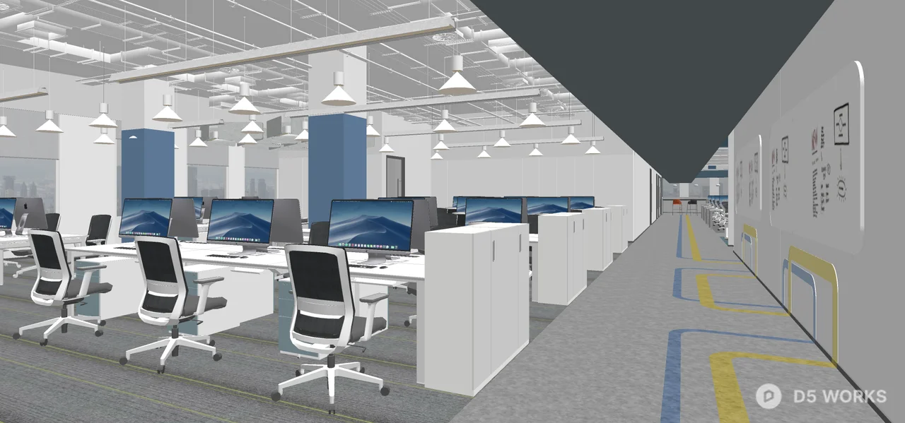 Modern Open Plan Office Space With Geometric Ceiling Lighting 3d model thumbnail 4