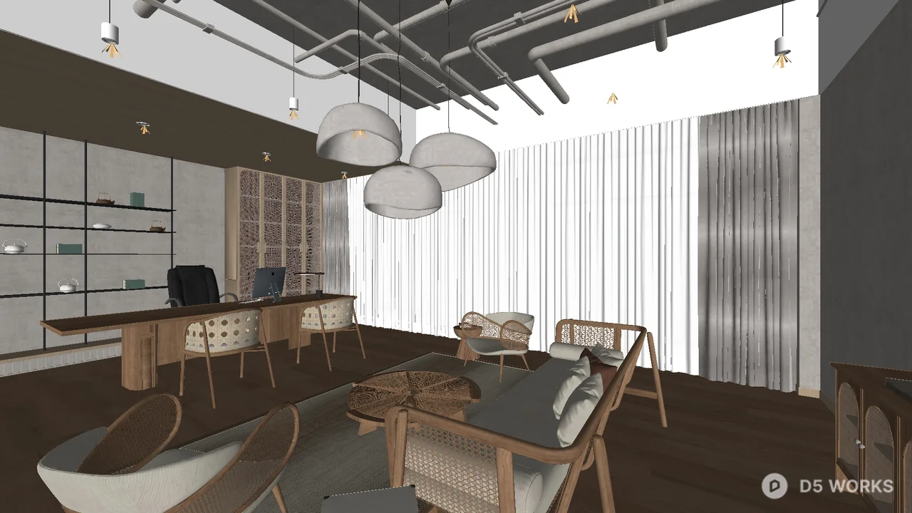 Modern Independent Office with Industrial Ceiling and Lounge Area 3d model - Image 1