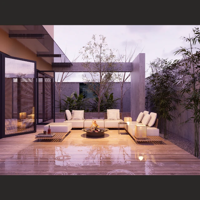 Modern Zen Outdoor Patio Lounge with Fire Pit 3d model