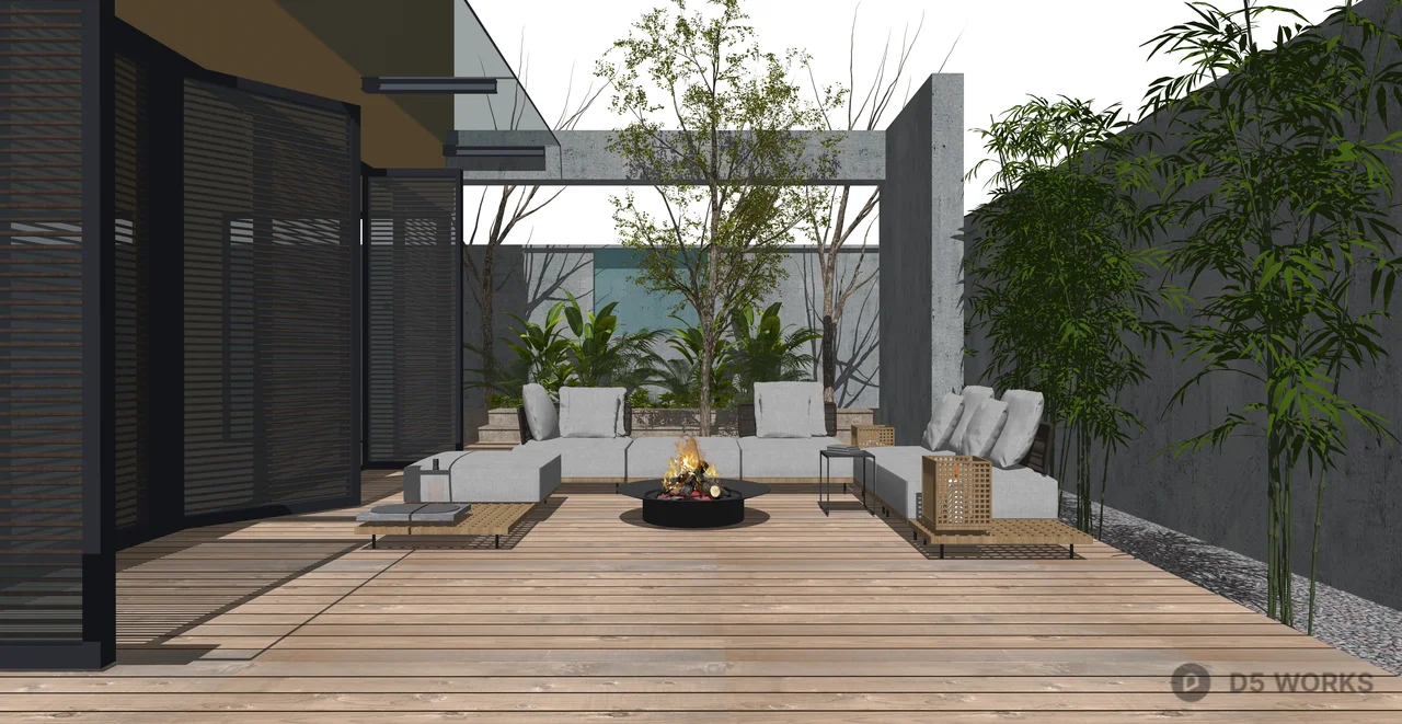 Modern Zen Outdoor Patio Lounge with Fire Pit 3d model thumbnail 2