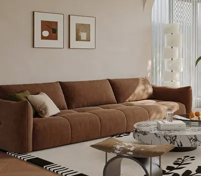 Minimalist Living Room with Brown Sofa and Marble Table 3d model