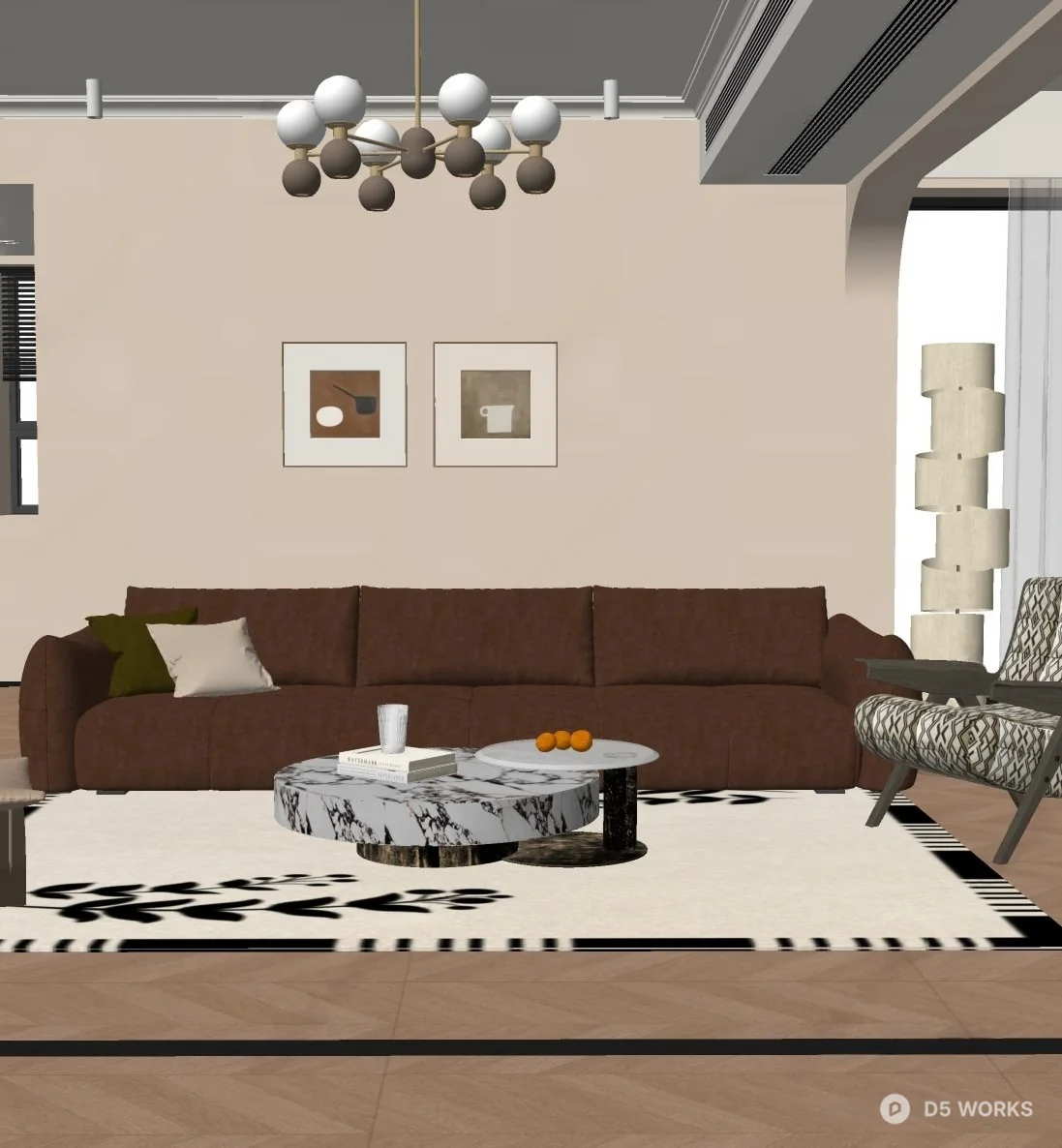 Minimalist Living Room with Brown Sofa and Marble Table 3d model thumbnail 2