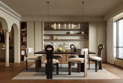 Mid Century Modern Dining Room with Archway and Open Shelving 3d model