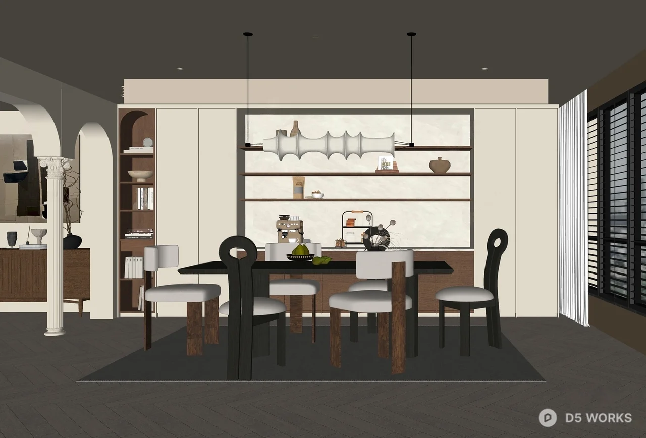Mid Century Modern Dining Room with Archway and Open Shelving 3d model thumbnail 2