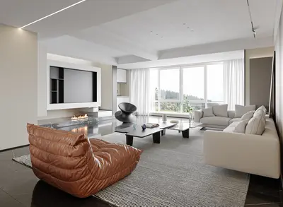 Minimalist Living Room with Leather Pouf 3d model