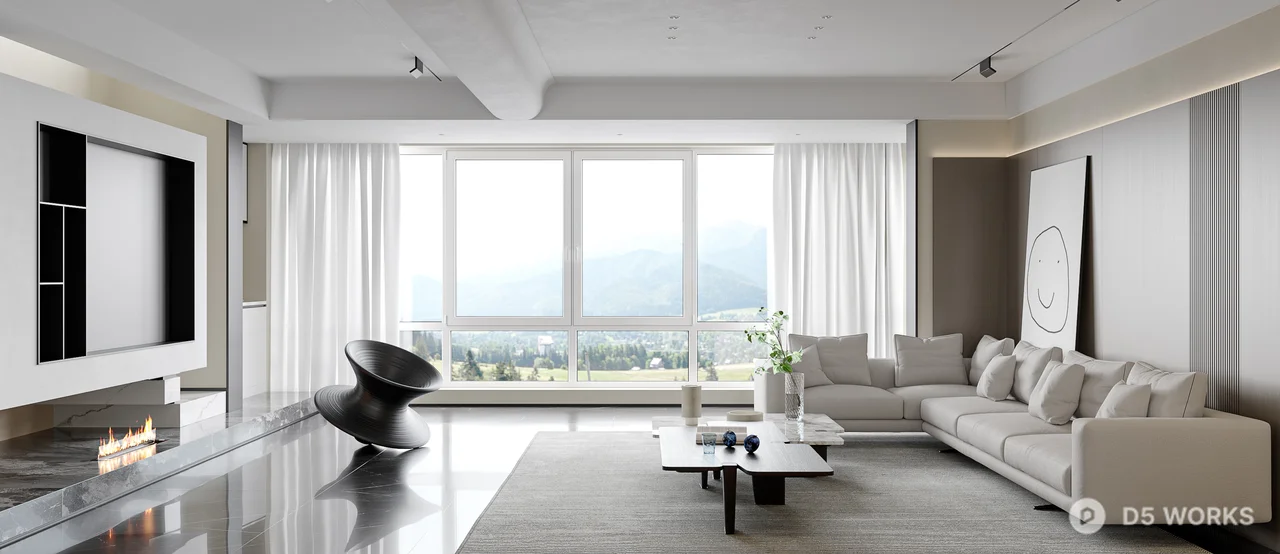 Minimalist Living Room with Leather Pouf 3d model thumbnail 6