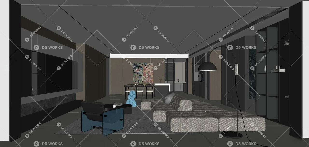 Modern Living & Dining Room 3d model thumbnail 3