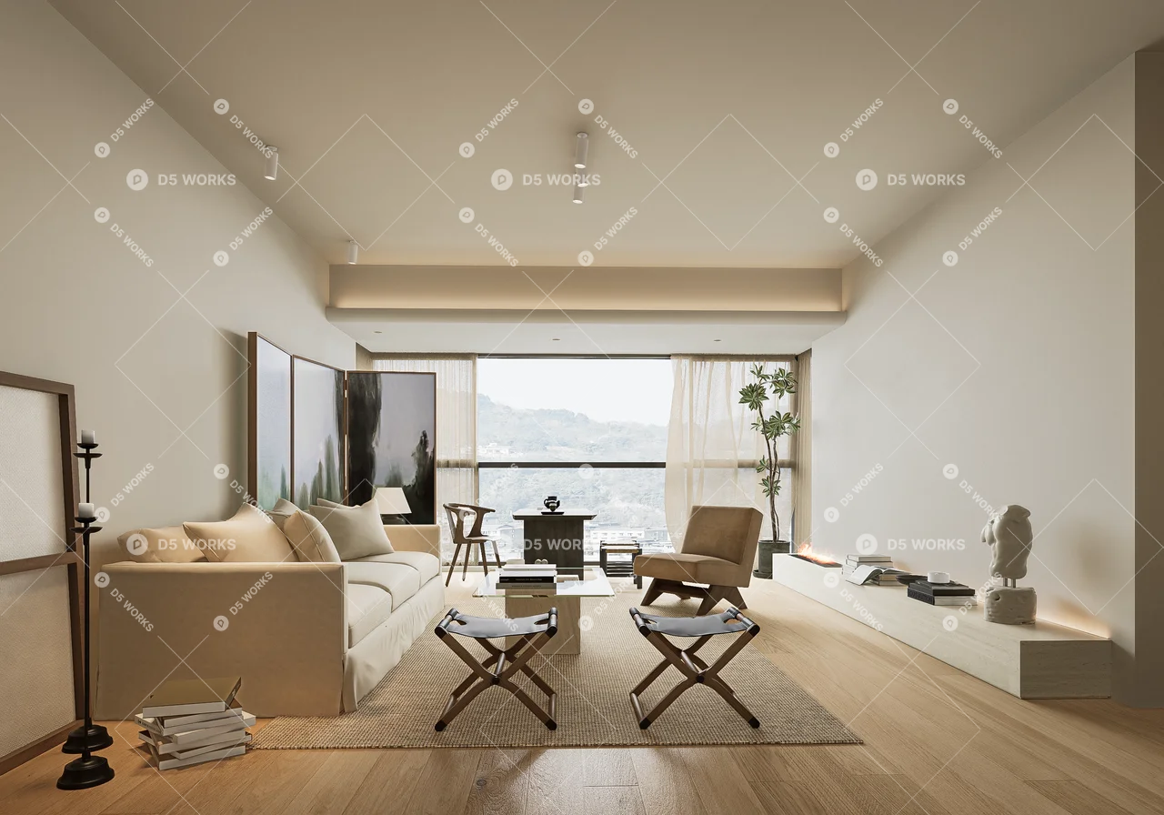 Organic Modern Living & Dining Room 3d model thumbnail 3