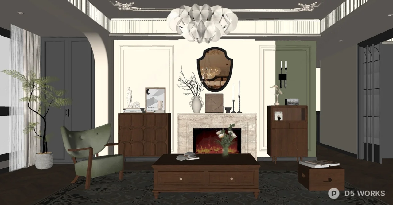 Mid Century Modern Living Room with Fireplace 3d model thumbnail 2