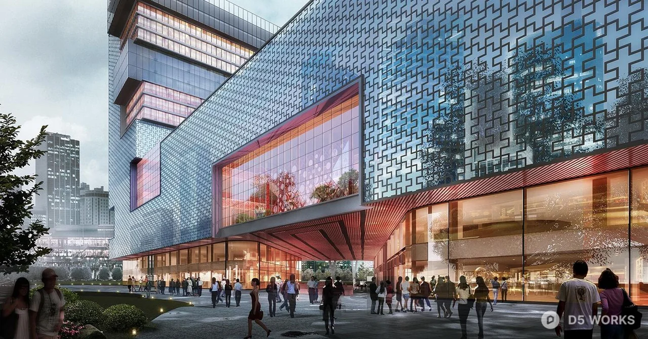 Modern Commercial Plaza With Glass Facade And Canopy 3d model thumbnail 5