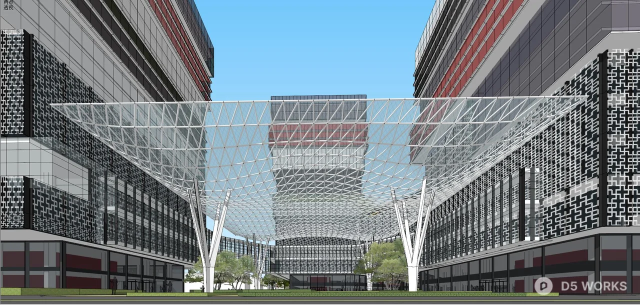 Modern Commercial Plaza With Glass Facade And Canopy 3d model thumbnail 3