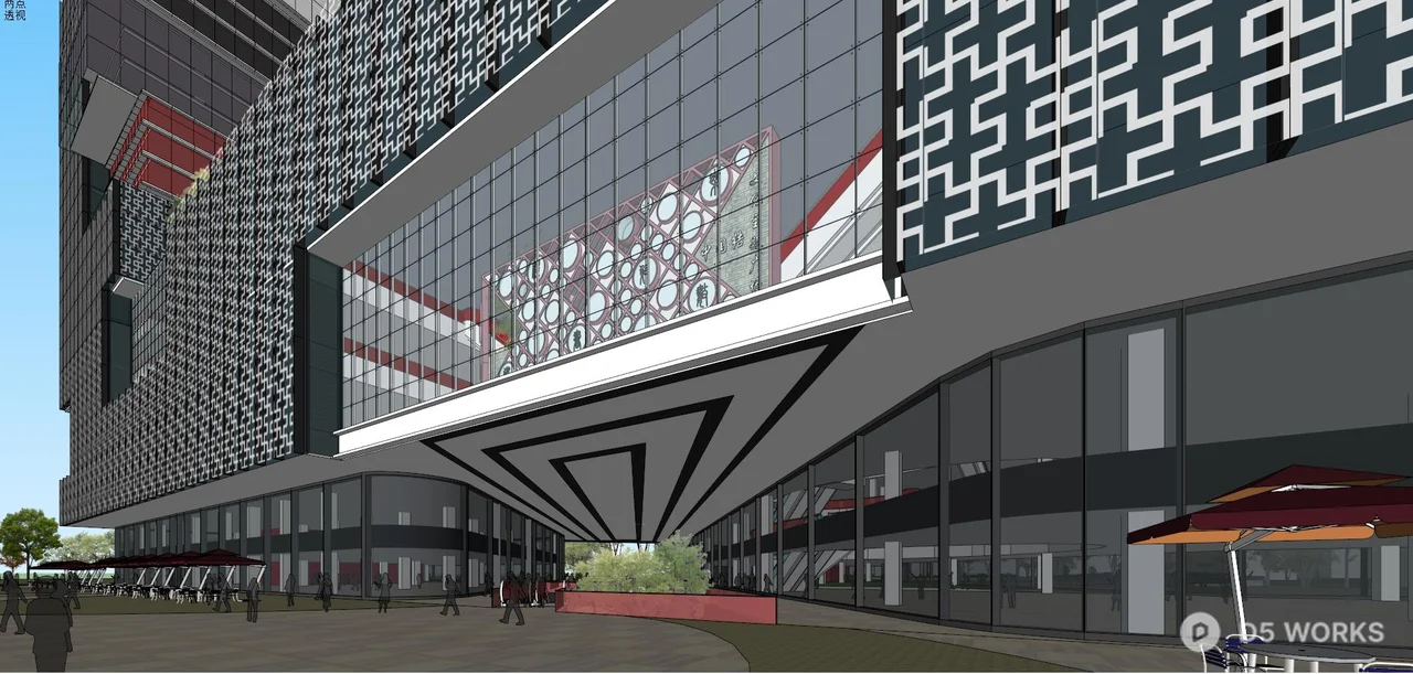 Modern Commercial Plaza With Glass Facade And Canopy 3d model thumbnail 2