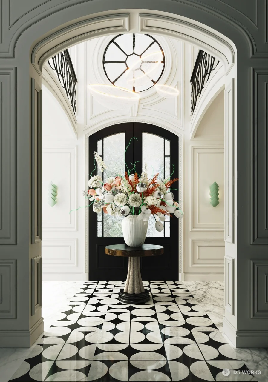Classic Archway Entrance With Geometric Tile Floor And Floral Centerpiece 3d model - Image 1