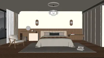Modern Minimalist Bedroom with Wooden Accent Wall 3d model