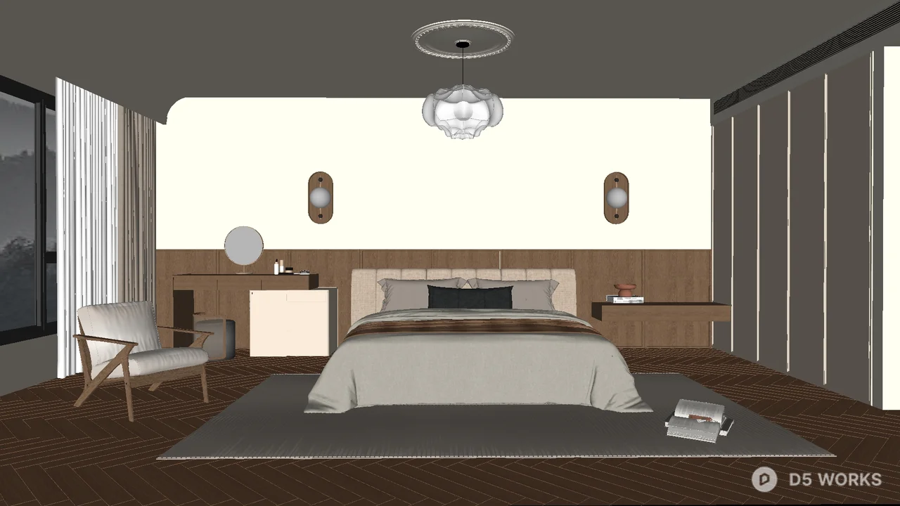 Modern Minimalist Bedroom with Wooden Accent Wall 3d model - Image 1