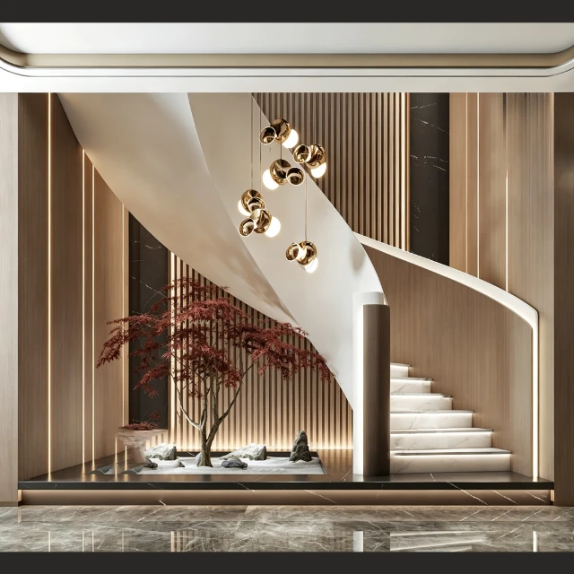 Modern Spiral Marble Staircase with Zen Garden 3d model
