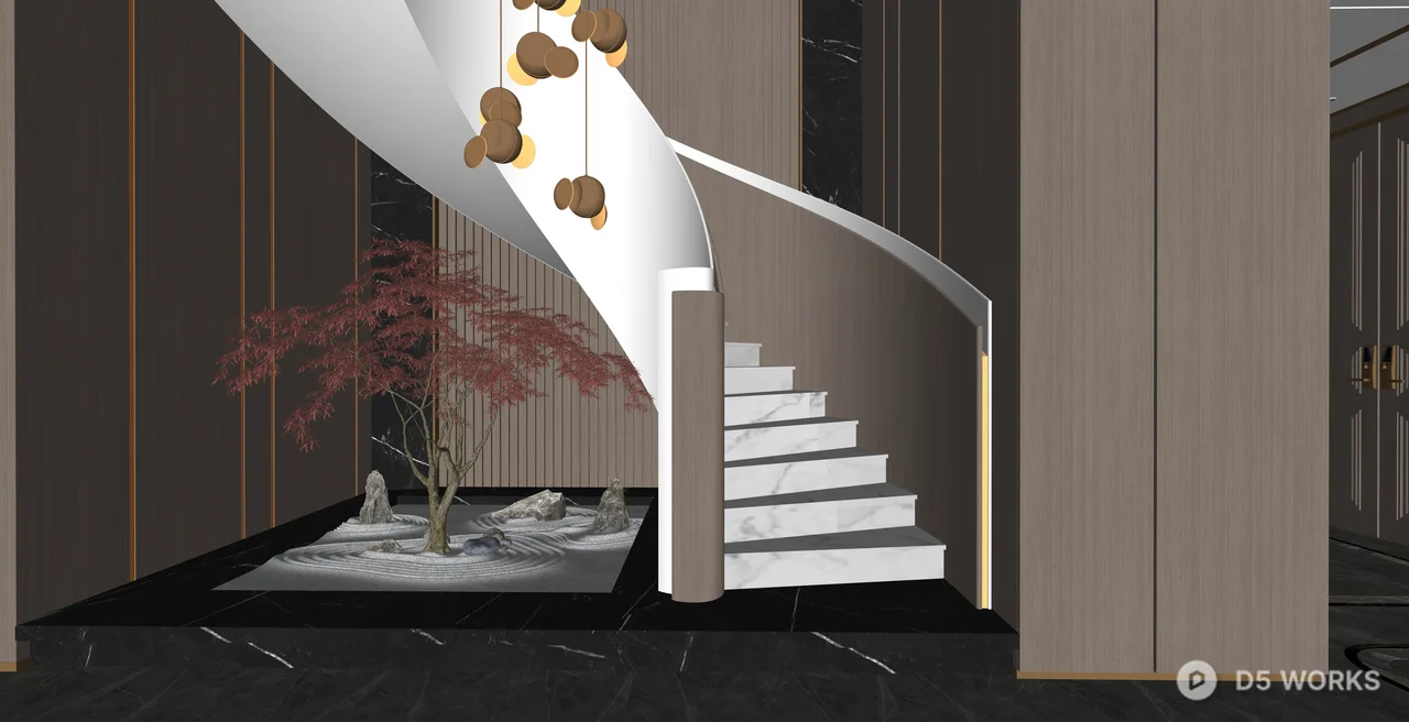 Modern Spiral Marble Staircase with Zen Garden 3d model thumbnail 2