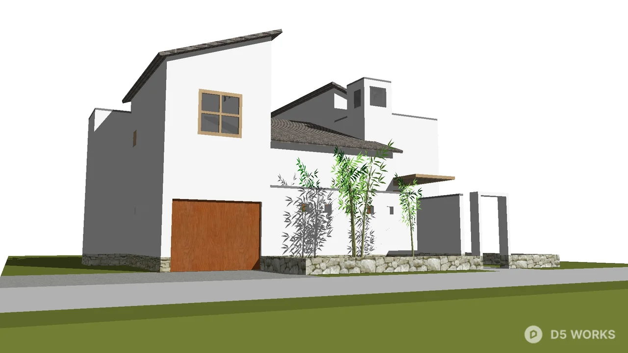 Modern White Villa With Wooden Garage Door And Bamboo Landscaping 3d model - Image 1